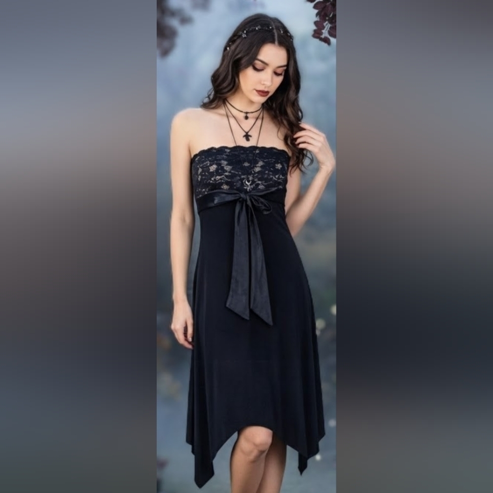 Y2K 90s Vintage Dress Sz M Black Lace Fairy Strapless Asymmetric Whimsigoth